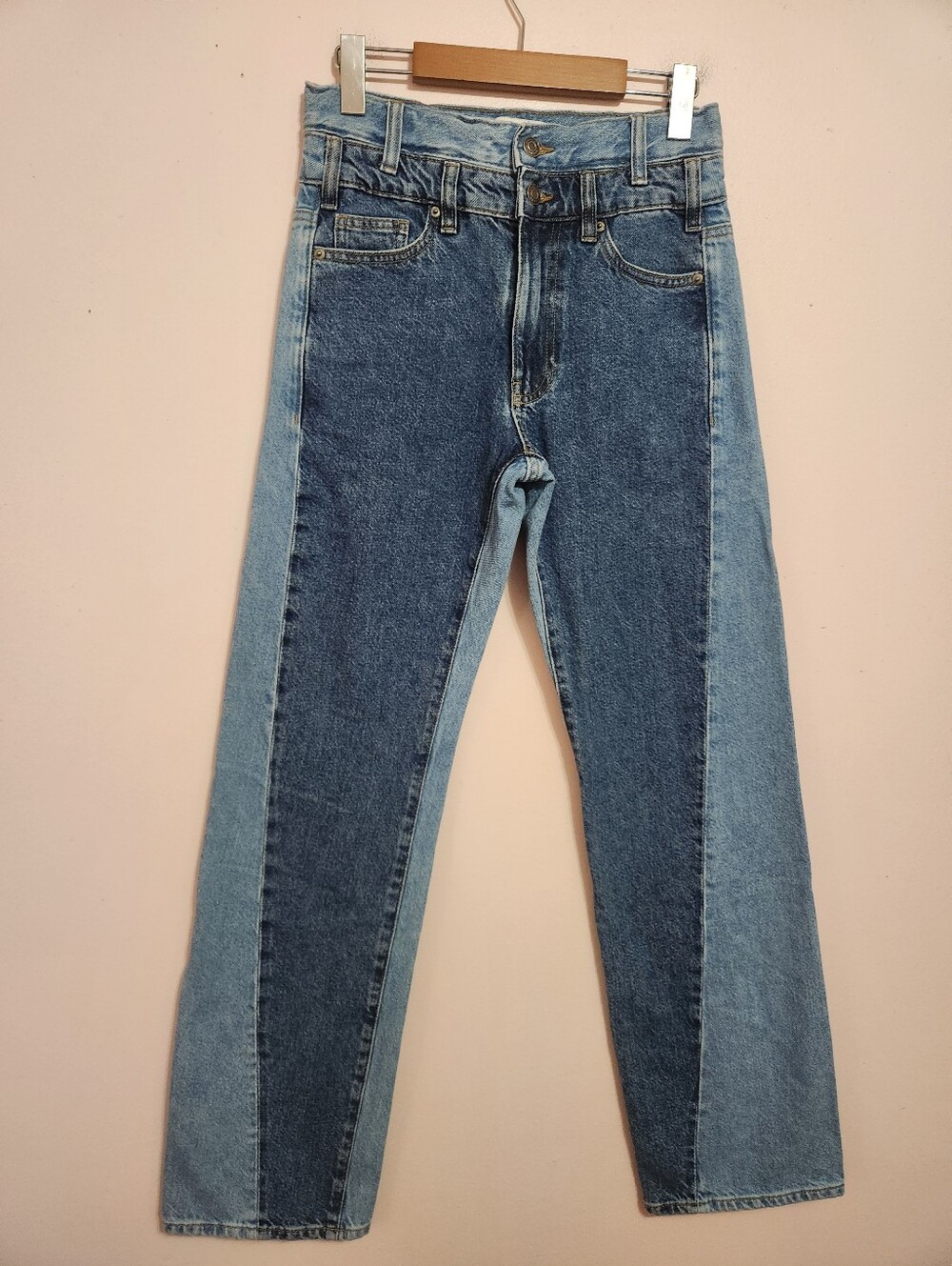 Zara ZW High Waist Straight Two Tone Colorblock Double Waistband Jeans 2